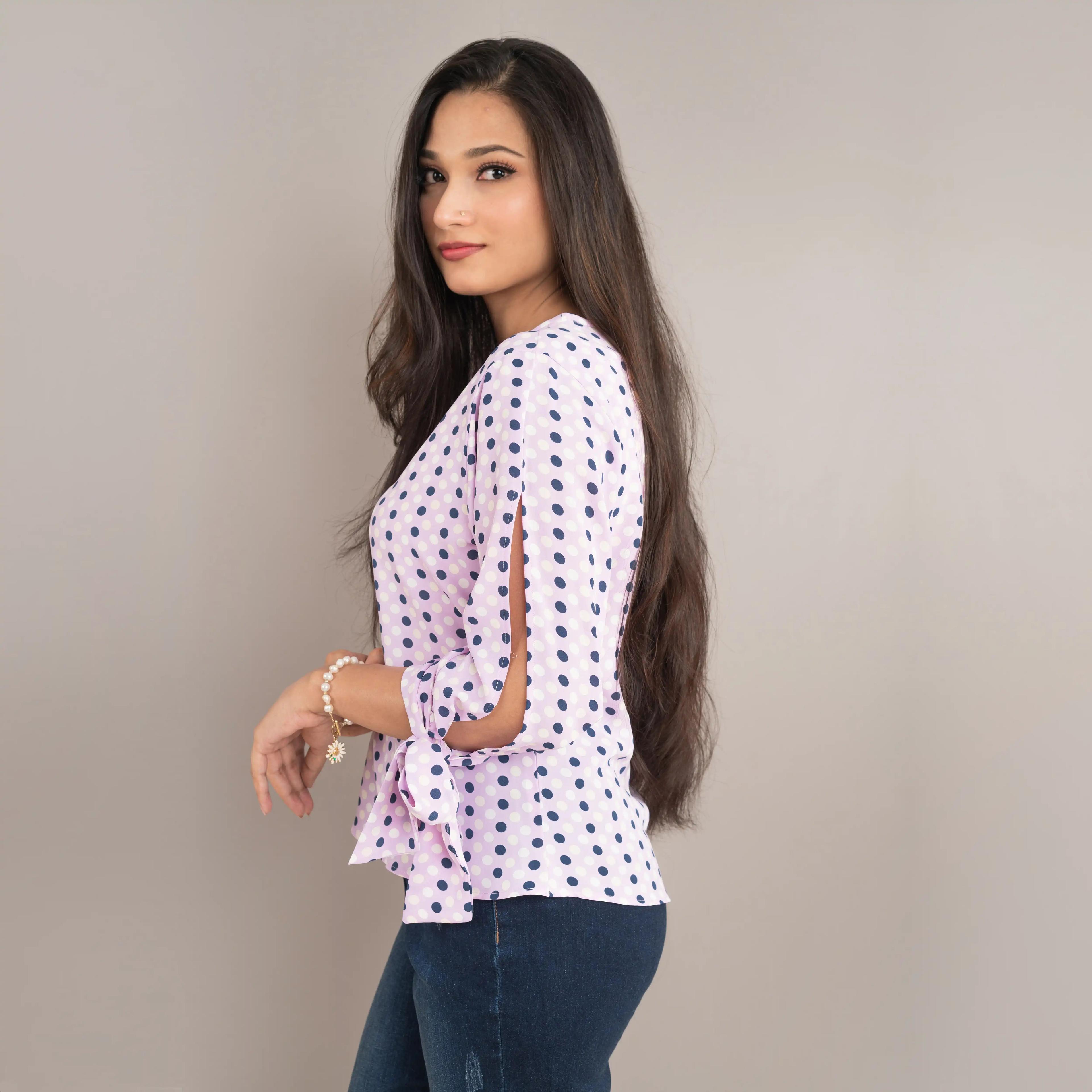 Polka Dot Sleeve Split with Tie Blouse (Lavender with Dot Printed)